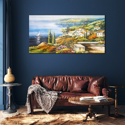Glasbild Küstenlandschaft mit Segelboot