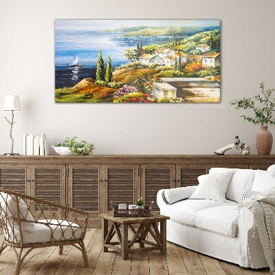 Glasbild Küstenlandschaft mit Segelboot