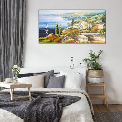 Glasbild Küstenlandschaft mit Segelboot