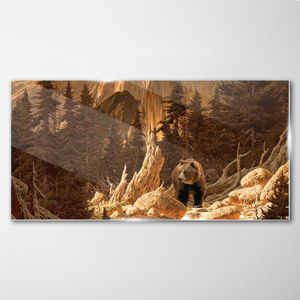 Glasbild Grizzly in einer Berglandschaft