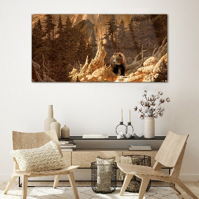 Glasbild Grizzly in einer Berglandschaft