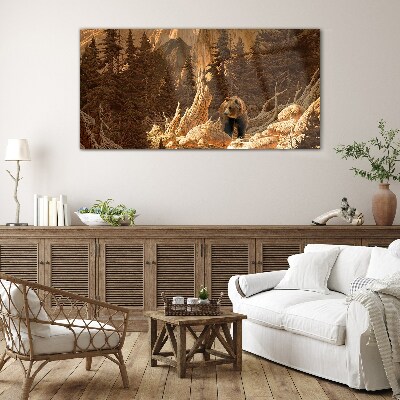 Glasbild Grizzly in einer Berglandschaft