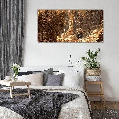 Glasbild Grizzly in einer Berglandschaft