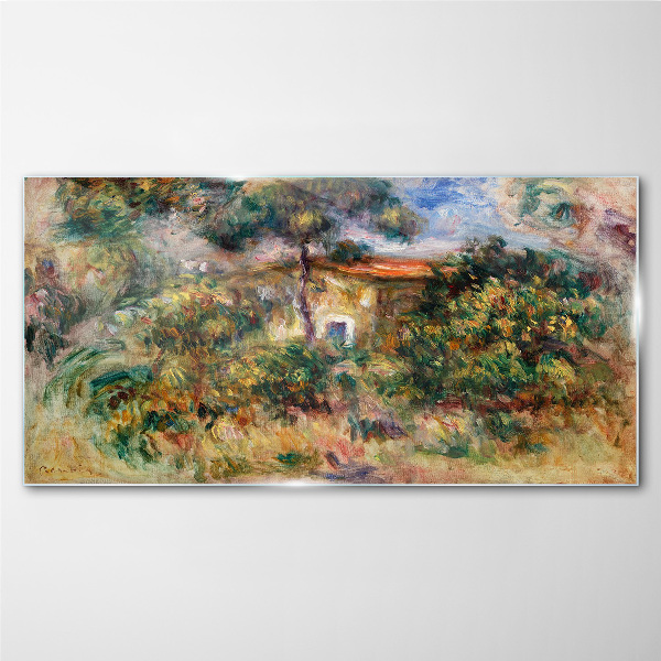 Glasbild Grüne Landschaft mit einem Haus