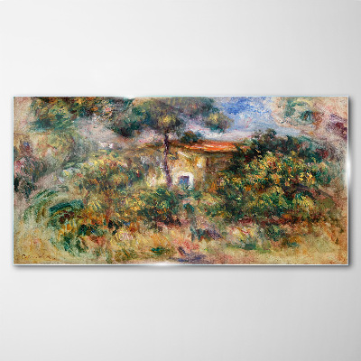 Glasbild Grüne Landschaft mit einem Haus