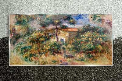 Glasbild Grüne Landschaft mit einem Haus