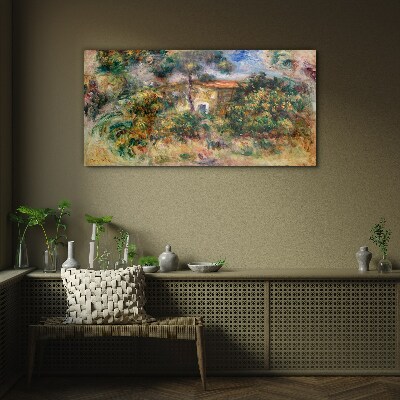 Glasbild Grüne Landschaft mit einem Haus
