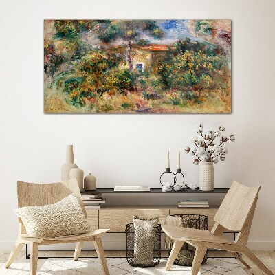 Glasbild Grüne Landschaft mit einem Haus