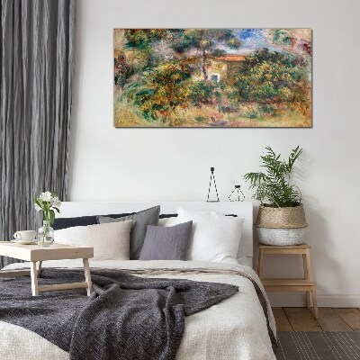 Glasbild Grüne Landschaft mit einem Haus