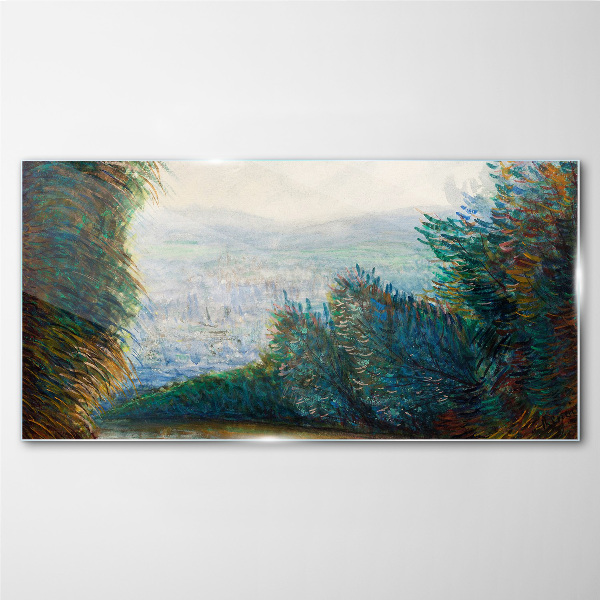 Glasbild Grüne Landschaft mit Nebel