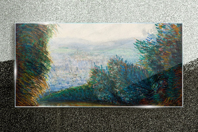 Glasbild Grüne Landschaft mit Nebel