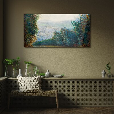 Glasbild Grüne Landschaft mit Nebel