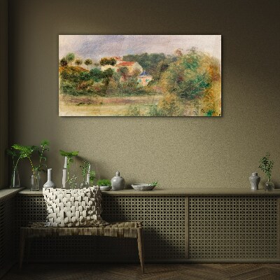 Glasbild Idyllische Landschaft mit einem Haus