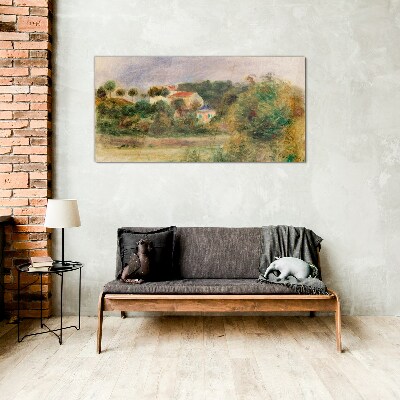 Glasbild Idyllische Landschaft mit einem Haus