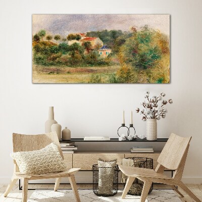 Glasbild Idyllische Landschaft mit einem Haus