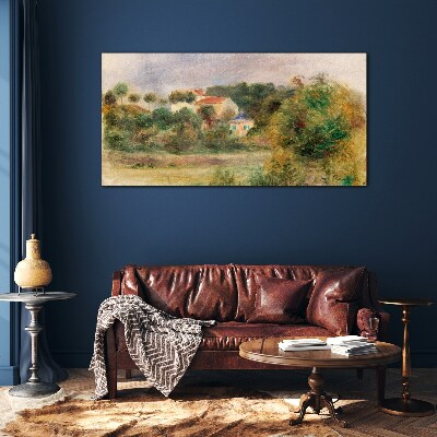 Glasbild Idyllische Landschaft mit einem Haus