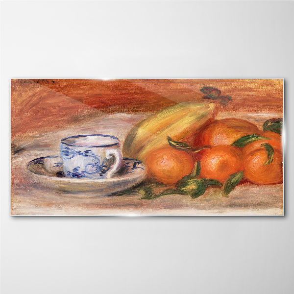Glasbild Obsttisch mit einer Tasse