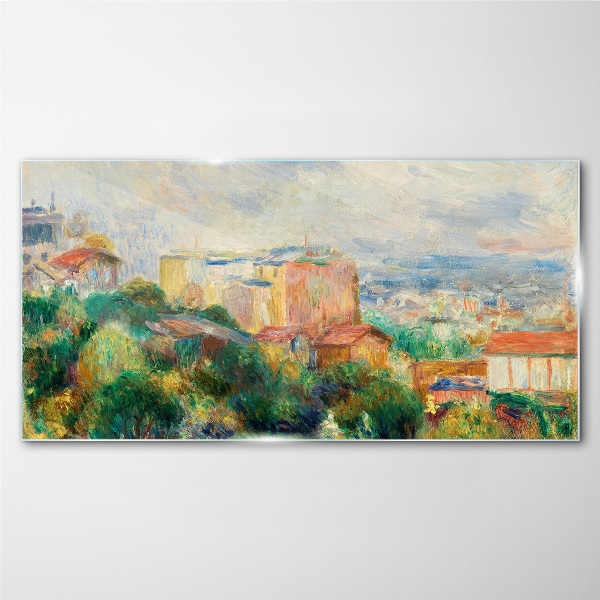 Glasbild Stadtbild in Pastelltönen