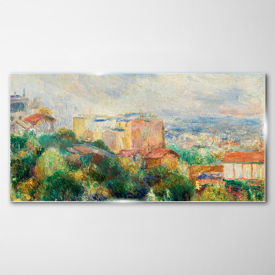 Glasbild Stadtbild in Pastelltönen