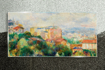 Glasbild Stadtbild in Pastelltönen