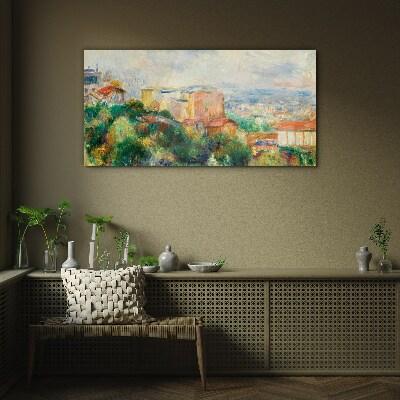 Glasbild Stadtbild in Pastelltönen