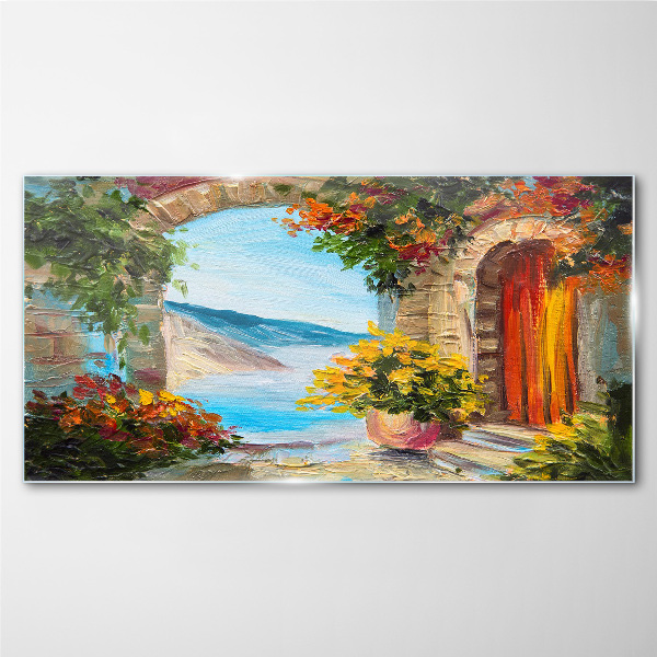 Glasbild Küstenlandschaft mit Blumen