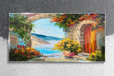 Glasbild Küstenlandschaft mit Blumen