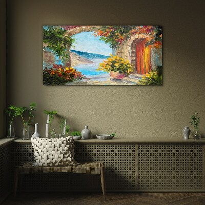 Glasbild Küstenlandschaft mit Blumen
