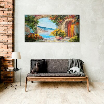 Glasbild Küstenlandschaft mit Blumen