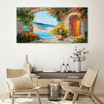 Glasbild Küstenlandschaft mit Blumen