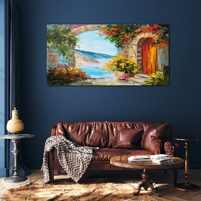 Glasbild Küstenlandschaft mit Blumen
