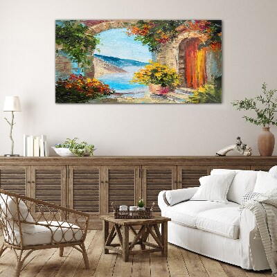 Glasbild Küstenlandschaft mit Blumen