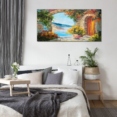 Glasbild Küstenlandschaft mit Blumen