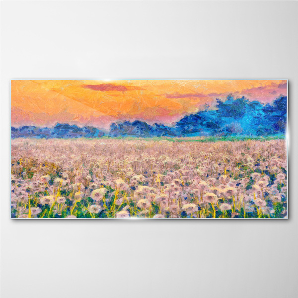 Glasbild Blumenlandschaft bei Sonnenuntergang