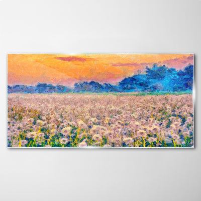 Glasbild Blumenlandschaft bei Sonnenuntergang