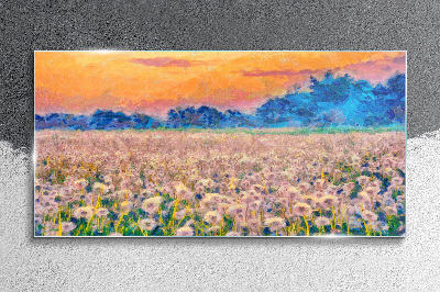 Glasbild Blumenlandschaft bei Sonnenuntergang