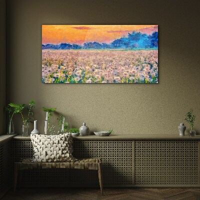 Glasbild Blumenlandschaft bei Sonnenuntergang