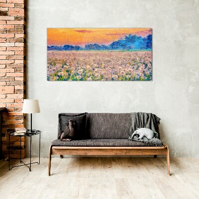 Glasbild Blumenlandschaft bei Sonnenuntergang