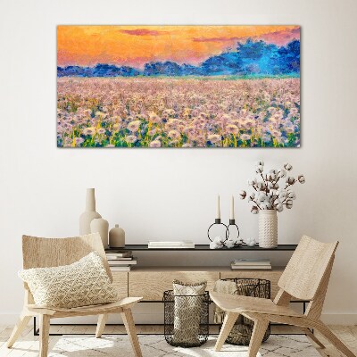 Glasbild Blumenlandschaft bei Sonnenuntergang