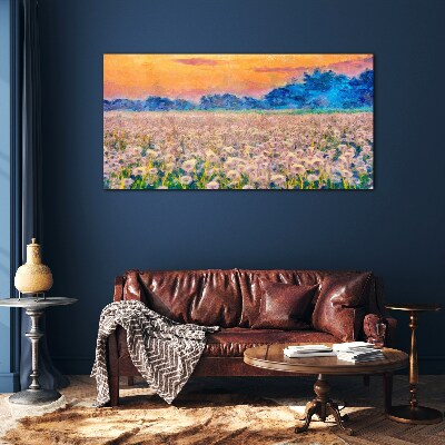 Glasbild Blumenlandschaft bei Sonnenuntergang