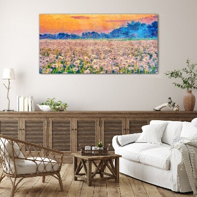 Glasbild Blumenlandschaft bei Sonnenuntergang