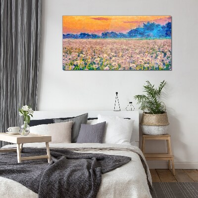Glasbild Blumenlandschaft bei Sonnenuntergang