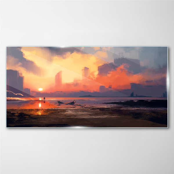 Glasbild Sonnenuntergang über dem Stadthorizont