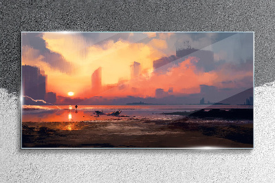 Glasbild Sonnenuntergang über dem Stadthorizont