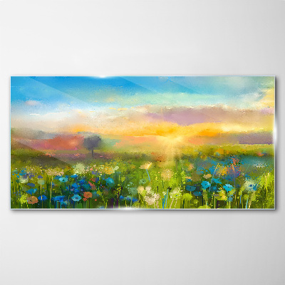 Glasbild Blumenlandschaft am Morgen