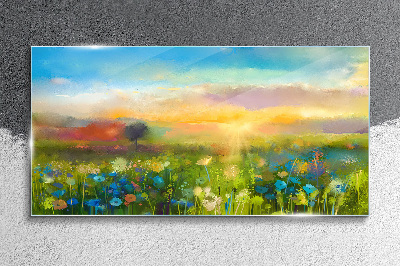 Glasbild Blumenlandschaft am Morgen