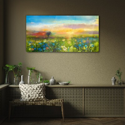 Glasbild Blumenlandschaft am Morgen