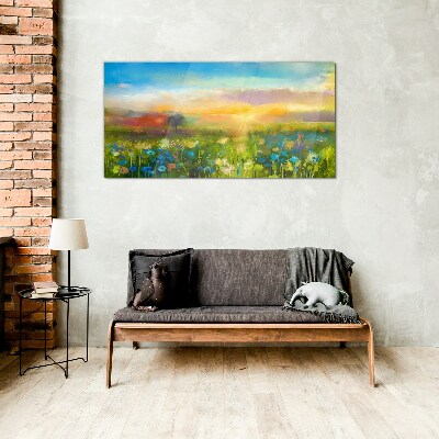 Glasbild Blumenlandschaft am Morgen