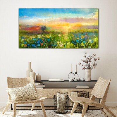 Glasbild Blumenlandschaft am Morgen