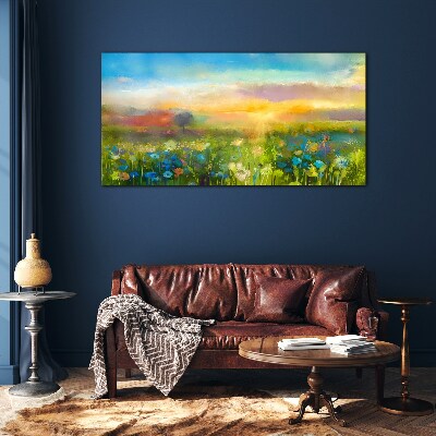 Glasbild Blumenlandschaft am Morgen